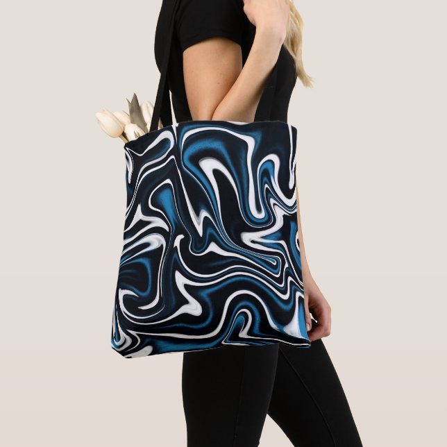 Blue, Black and White Swirls Tote Bag (Close Up)