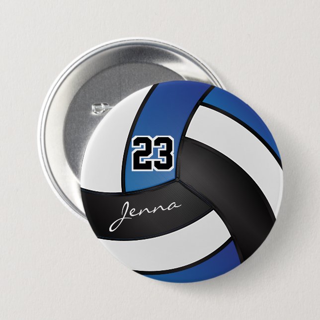 Blue, Black and White Volleyball 7.5 Cm Round Badge (Front & Back)