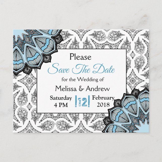 Blue, Black and White Wedding Save the Date Announcement Postcard (Front)