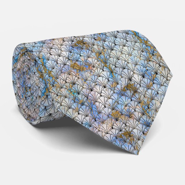 BLUE BLACK ART DECO SHELL PATTERNED TIE (Rolled)