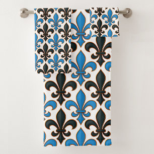 Blue Black Baroque Fleur-de-lis Pattern Design Bath Towel Set