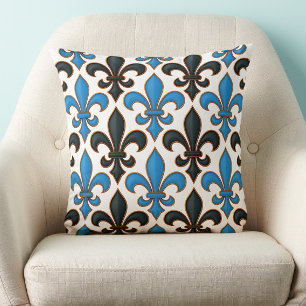 Blue Black Baroque Fleur-de-lis Pattern Design  Cushion