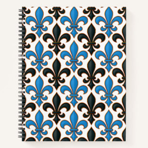 Blue Black Baroque Fleur-de-lis Pattern Design Notebook