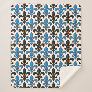 Blue Black Baroque Fleur-de-lis Pattern Design Sherpa Blanket