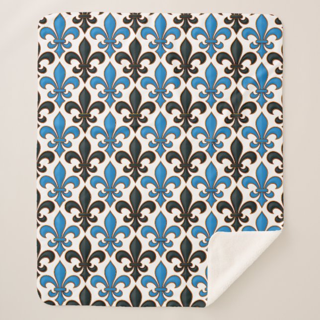 Blue Black Baroque Fleur-de-lis Pattern Design  Sherpa Blanket (Front)