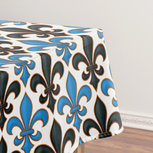 Blue Black Baroque Fleur-de-lis Pattern Design Tablecloth