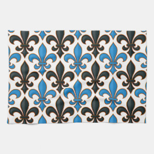 Blue Black Baroque Fleur-de-lis Pattern Design  Tea Towel
