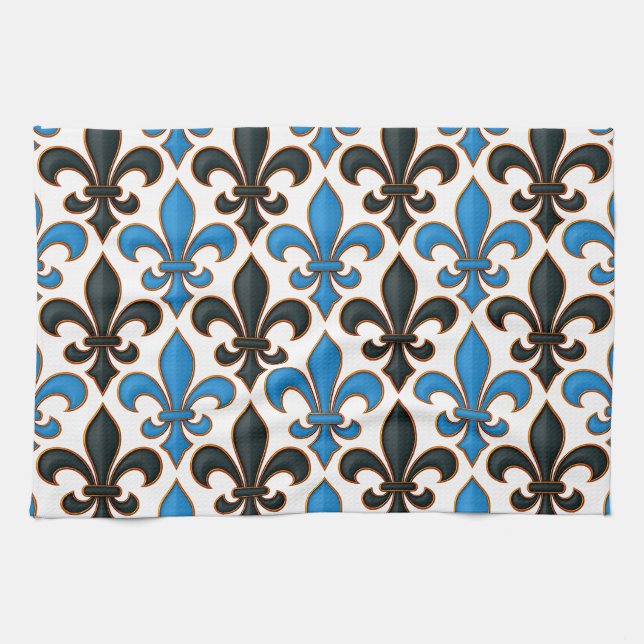 Blue Black Baroque Fleur-de-lis Pattern Design  Tea Towel (Horizontal)
