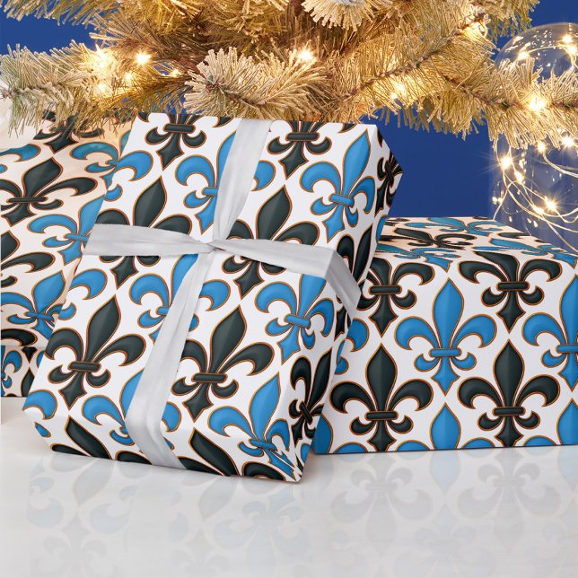 Blue Black Baroque Fleur-de-lis Pattern Design  Wrapping Paper (Creator Uploaded)