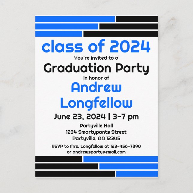 Blue & Black Bars Graduation Party Invitation Postcard (Front)