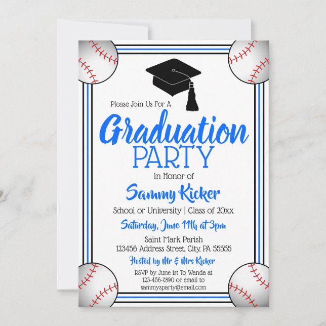 Blue & Black Baseball Graduation Party Invitation (Front)