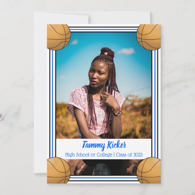 Blue & Black Basketball Graduation Announcement (Front)