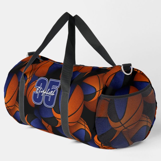 Blue black basketball team colours player name  duffle bag (Right Corner)