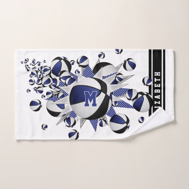blue black basketballs stars girls monogrammed hand towel (Hand Towel)