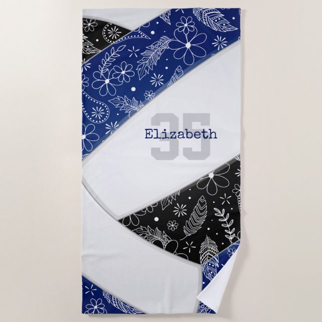 blue black boho floral paisley girls volleyball beach towel (Front)