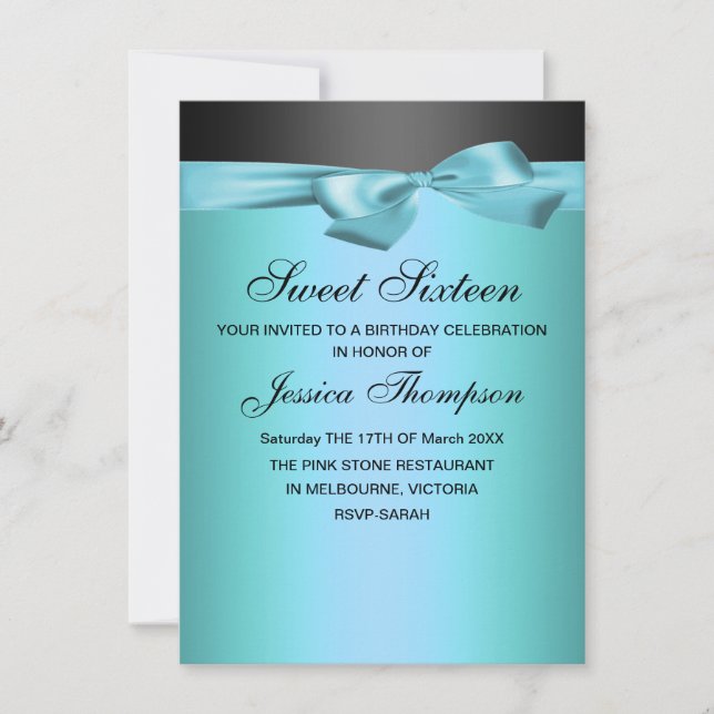 Blue & Black Bow Sweet 16 Birthday Invitation (Front)