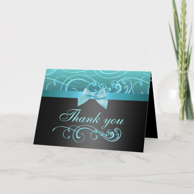 Blue/Black Bow & Swirl Thank You Card (Front)