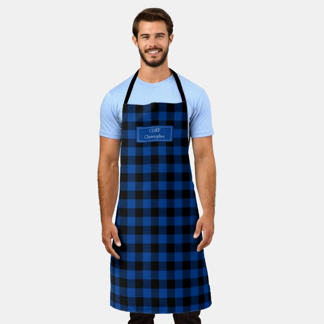 Blue Black Buffalo Plaid Lumberjack Personalised Apron (Worn)