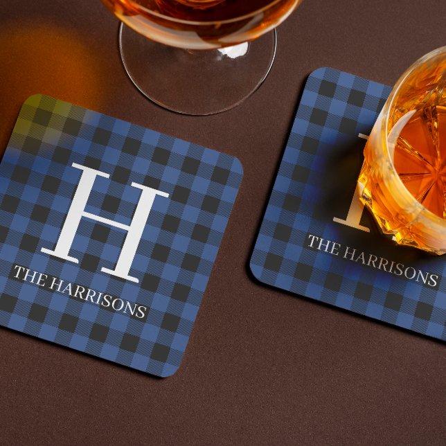 Blue Black Buffalo Plaid Monogram Holiday Coaster (Creator Uploaded)