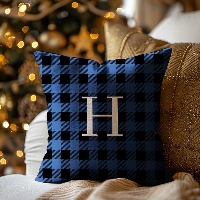 Blue Black Buffalo Plaid Monogram Holiday Cushion (Creator Uploaded)
