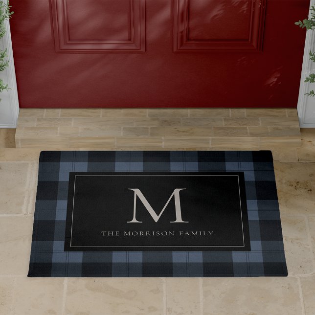 Blue & Black Buffalo Plaid Monogram & Name Doormat (Creator Uploaded)