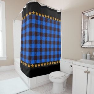 Blue & Black Buffalo Plaid with Stars Accent Shower Curtain