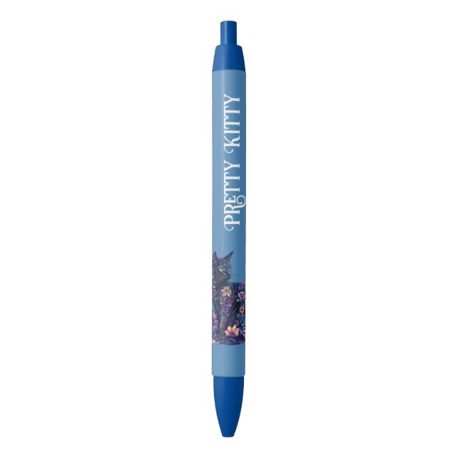 Blue Black Cat Flowers Pretty Kitty Ink Pen (Front Vertical)