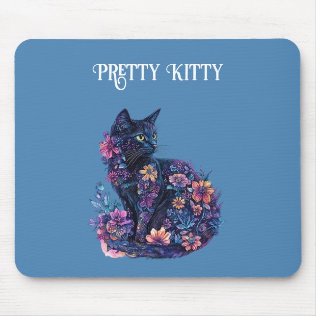 Blue Black Cat Flowers Pretty Kitty Mouse Mat (Front)