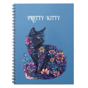 Blue Black Cat Flowers Pretty Kitty Notebook