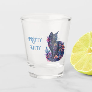 Blue Black Cat Flowers Pretty Kitty Shot Glass