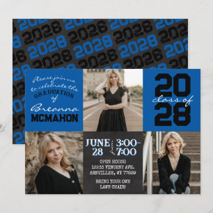 Blue & Black Chalkboard 3 Photo Graduation Invitation