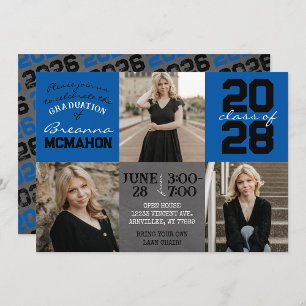Blue & Black Chalkboard 3 Photo Graduation Invitation