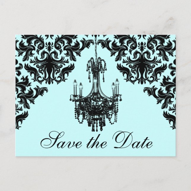 Blue, Black Chandelier Damask Save the Date Card (Front)