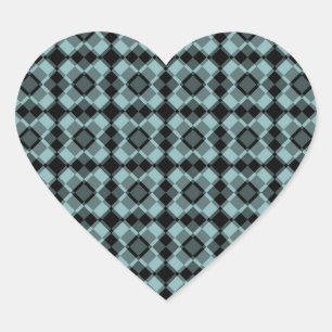Blue Black Chequered Argyle Pattern Heart Sticker