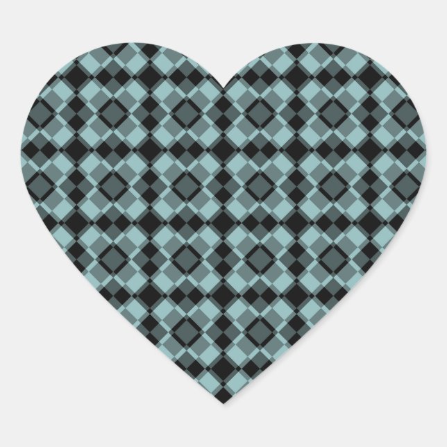 Blue Black Chequered Argyle Pattern Heart Sticker (Front)