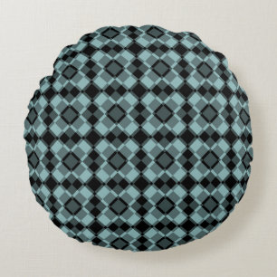Blue Black Chequered Argyle Pattern Round Cushion