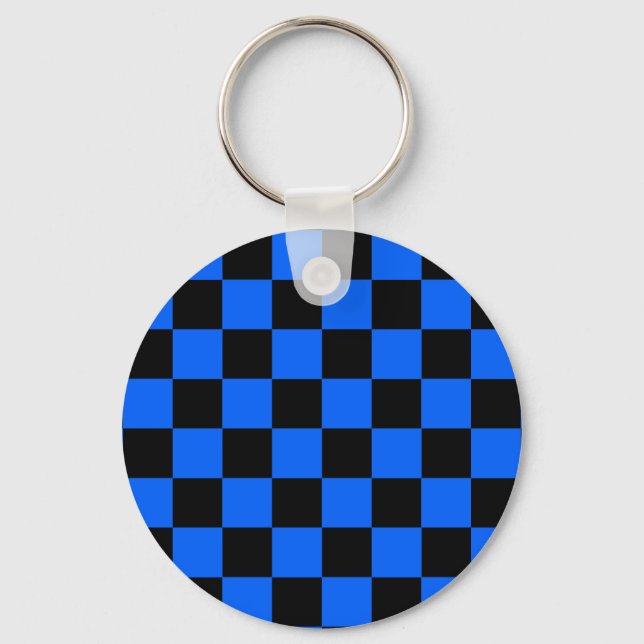 Blue Black Chequered Check Pattern Key Ring (Front)