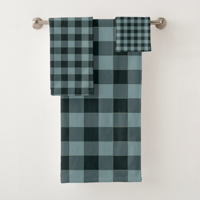 Blue Black Chequered Gingham Pattern Bath Towel Set (Insitu)
