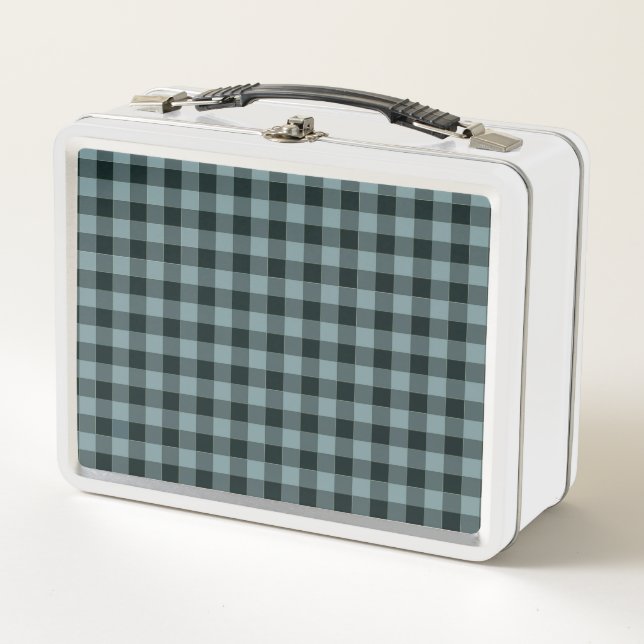 Blue Black Chequered Gingham Pattern Metal Lunch Box (Front)