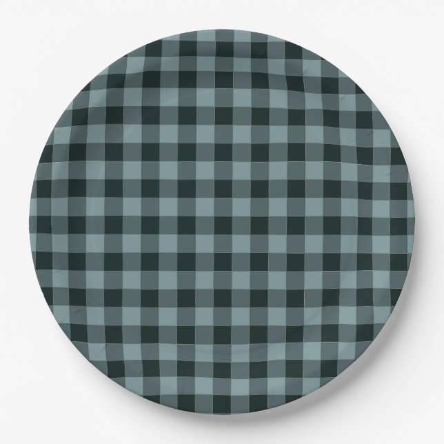 Blue Black Chequered Gingham Pattern Paper Plate (Front)