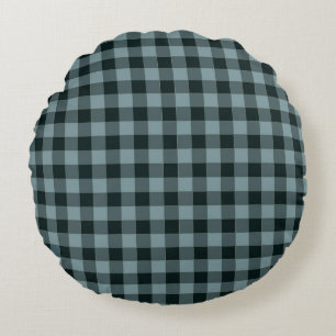 Blue Black Chequered Gingham Pattern Round Cushion