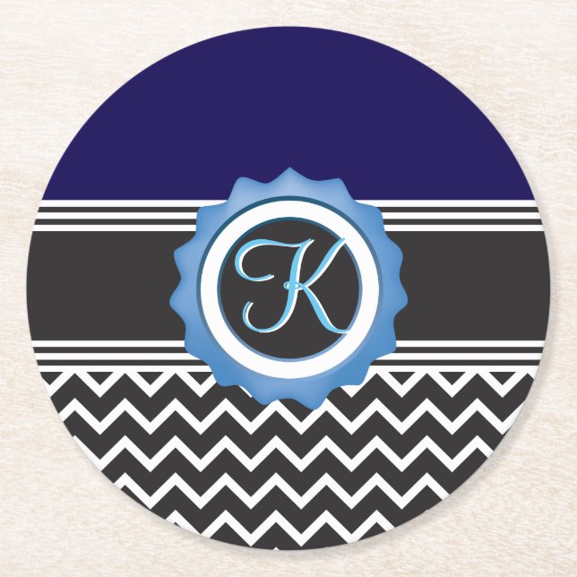 Blue Black Chevron Monogram Round Paper Coaster (Front)