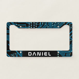 Blue & Black Circuit Board, Name in White Text Licence Plate Frame