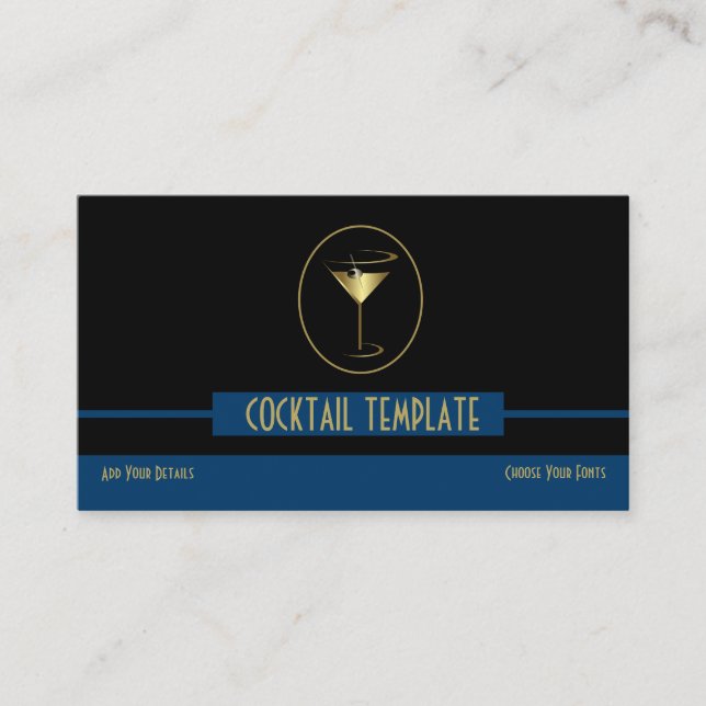 Blue & Black Classy Simple Gold Logo Bartender Business Card (Front)