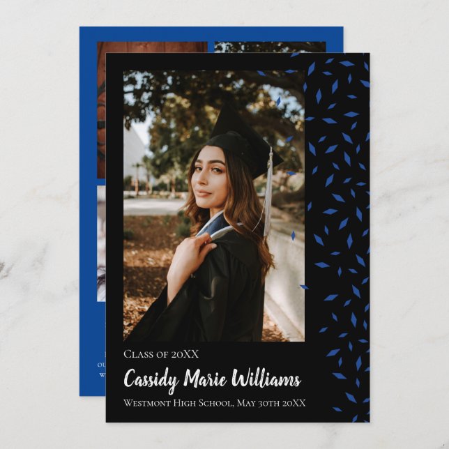 Blue Black Confetti Graduation Announcement (Front/Back)