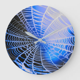 Blue Black Creepy Spooky Spider Web Large Clock