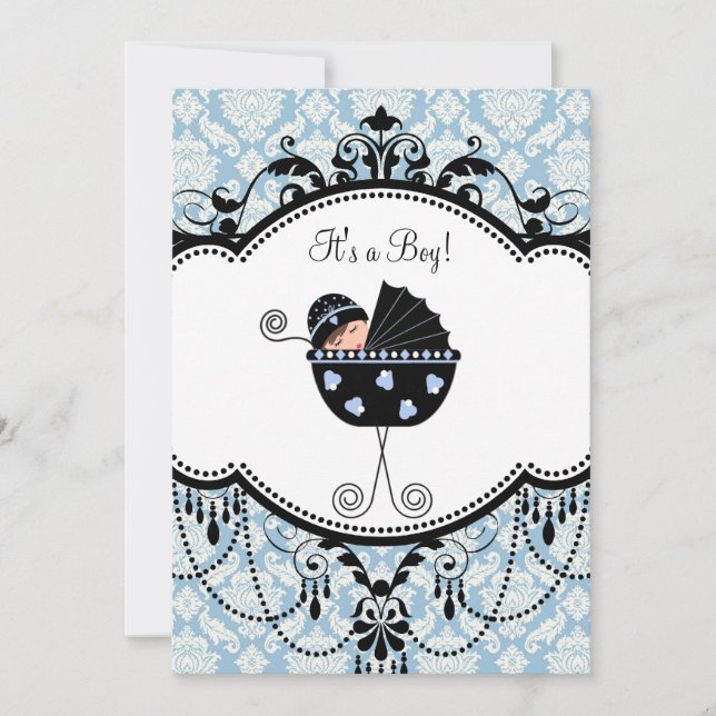 Blue Black Damask Baby Boy Shower Invitations (Front)