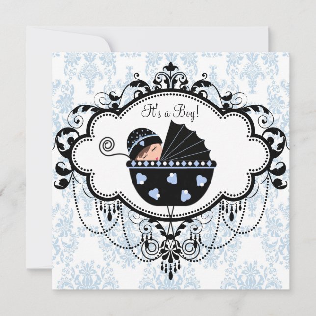 Blue Black Damask Baby Boy Shower Invitations (Front)