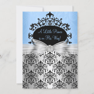 Blue & Black Damask Baby Shower Invitation