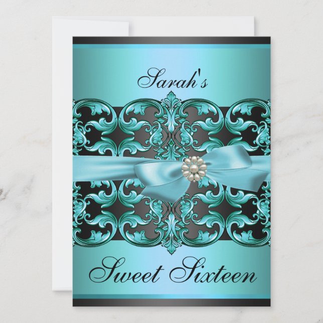 Blue/Black Damask & Bow Sweet16 Birthday Invite (Front)